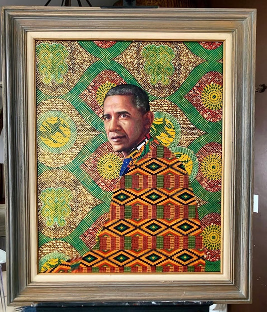 "Kente Obama" 18x24 (framed)
Oil on African Wax Fabrics and wood $2000